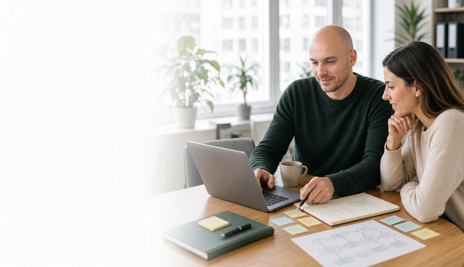 Schreibtisch mit Notizen zu konkreten KI-Anwendungsfällen und Workflows